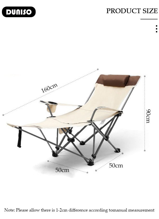 Folding Camping Chair with Removable Footrest and Adjustable Backrest for Adults, Portable and Lightweight Reclining Lounge Chairs with Pillow, Outdoor Camping Chair with Cup Holder and Side Pocket for Fishing, Picnic, BBQ, Hiking Travel, Beach