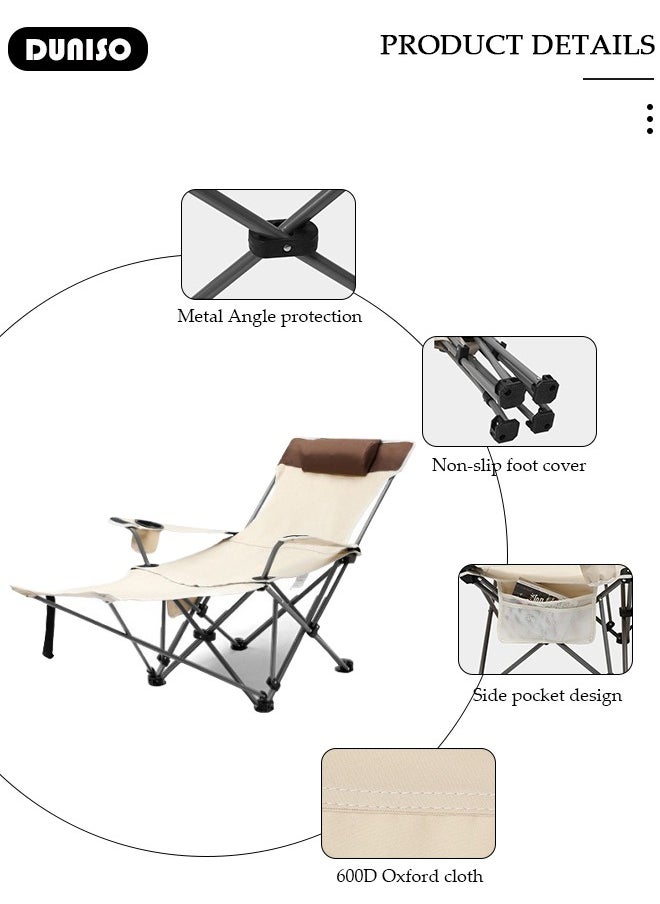 Folding Camping Chair with Removable Footrest and Adjustable Backrest for Adults, Portable and Lightweight Reclining Lounge Chairs with Pillow, Outdoor Camping Chair with Cup Holder and Side Pocket for Fishing, Picnic, BBQ, Hiking Travel, Beach