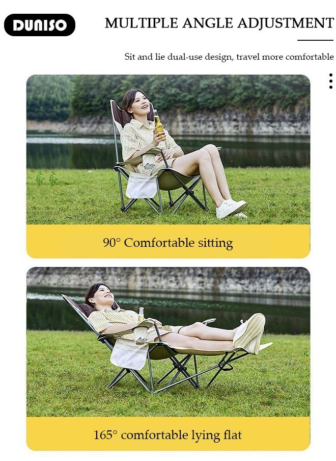 Folding Camping Chair with Removable Footrest and Adjustable Backrest for Adults, Portable and Lightweight Reclining Lounge Chairs with Pillow, Outdoor Camping Chair with Cup Holder and Side Pocket for Fishing, Picnic, BBQ, Hiking Travel, Beach