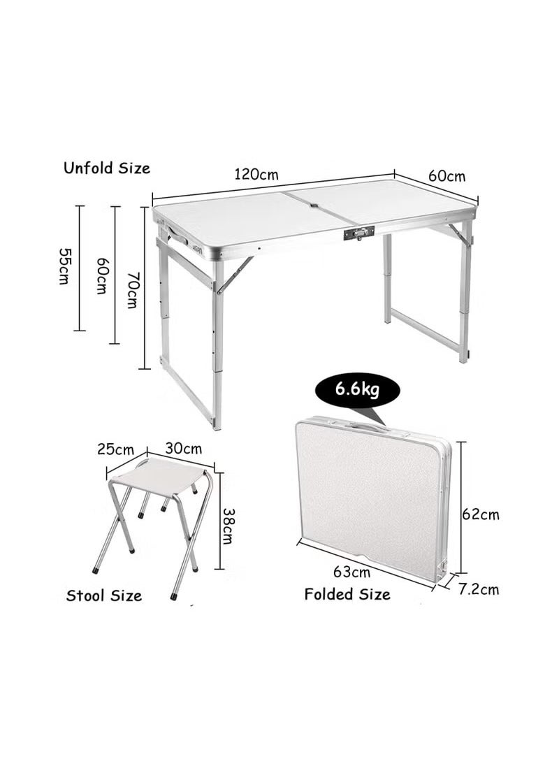 Folding Camping Picnic Table Portable Outdoor Aluminum Table 4 Stools 3 Adjustable Heights Lightweight Dining Table for Grill BBQ Backyard and Beach