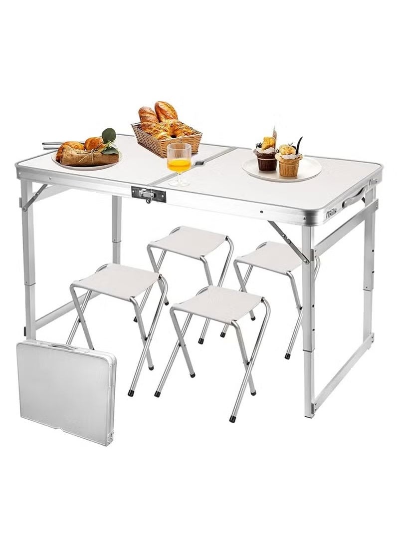 Folding Camping Picnic Table Portable Outdoor Aluminum Table 4 Stools 3 Adjustable Heights Lightweight Dining Table for Grill BBQ Backyard and Beach