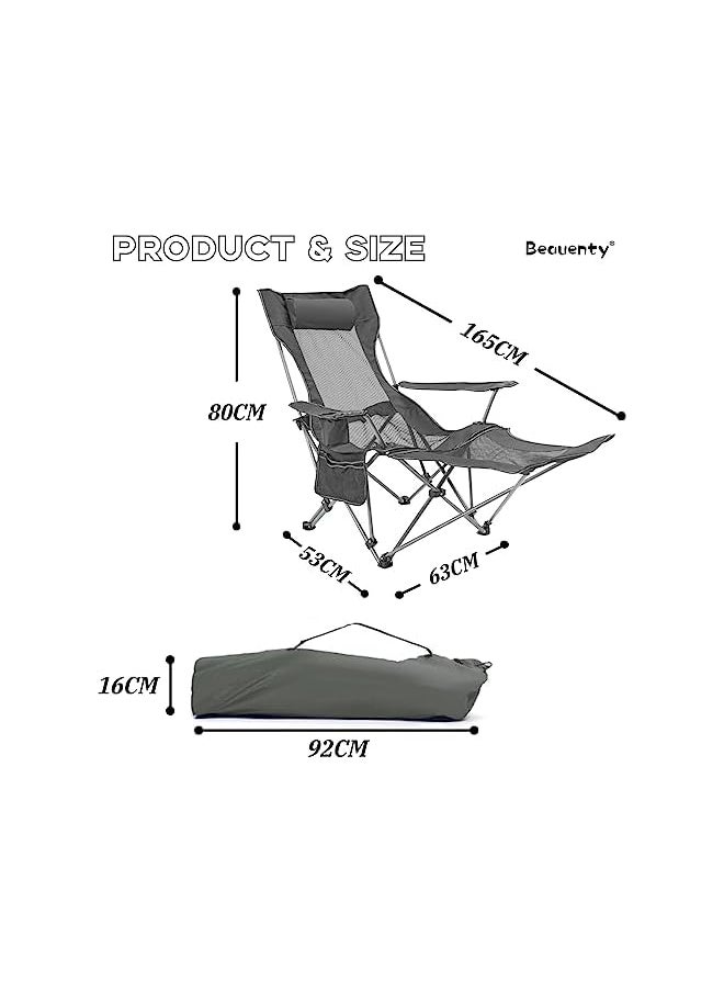 Portable Folding Dual -Purpose Beach Chair, Up To 130Kg, Outdoor Lounge Chairs With Headrest, Detachable Footrest. Armchair For Bbq, Camping, Sketching. (Dark Grey)