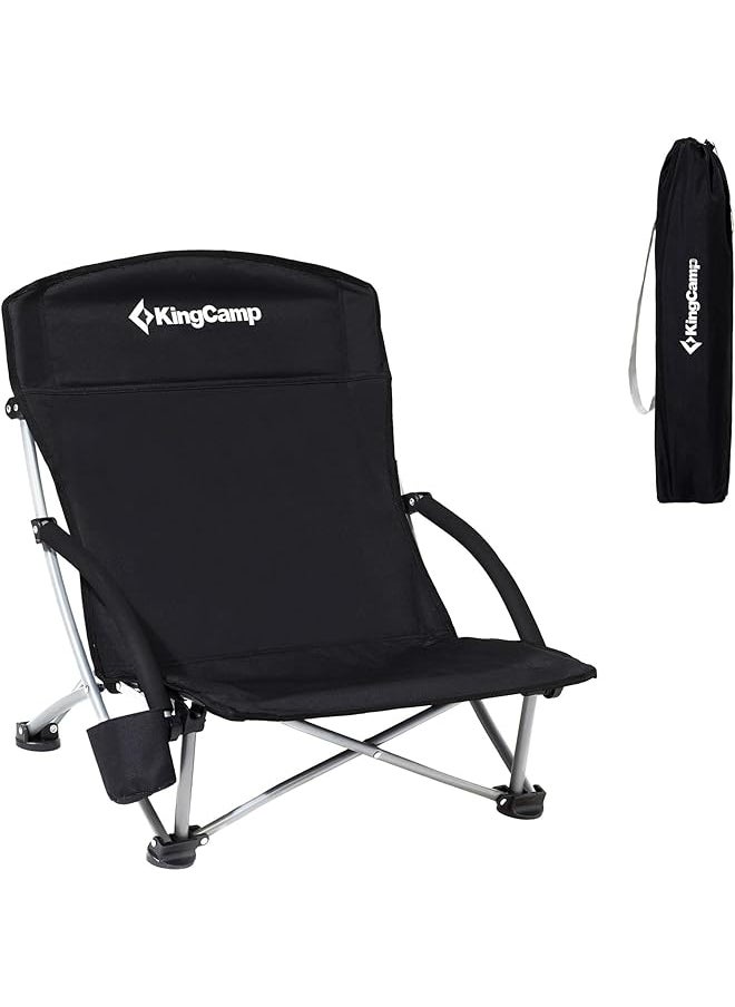 KingCamp Low Beach Chairs for Adults Folding Portable Lightweight Lawn Chair Heavy Duty Oversized Camping Chair with Cup Holder Carry Bag for Outdoor Picnic Pool Concert Travel Black