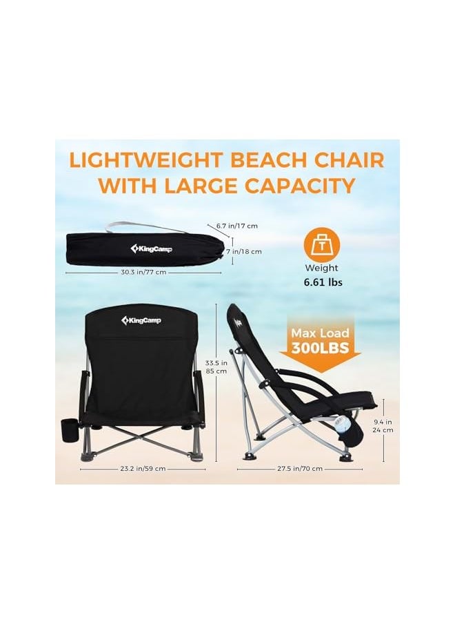 KingCamp Low Beach Chairs for Adults Folding Portable Lightweight Lawn Chair Heavy Duty Oversized Camping Chair with Cup Holder Carry Bag for Outdoor Picnic Pool Concert Travel Black