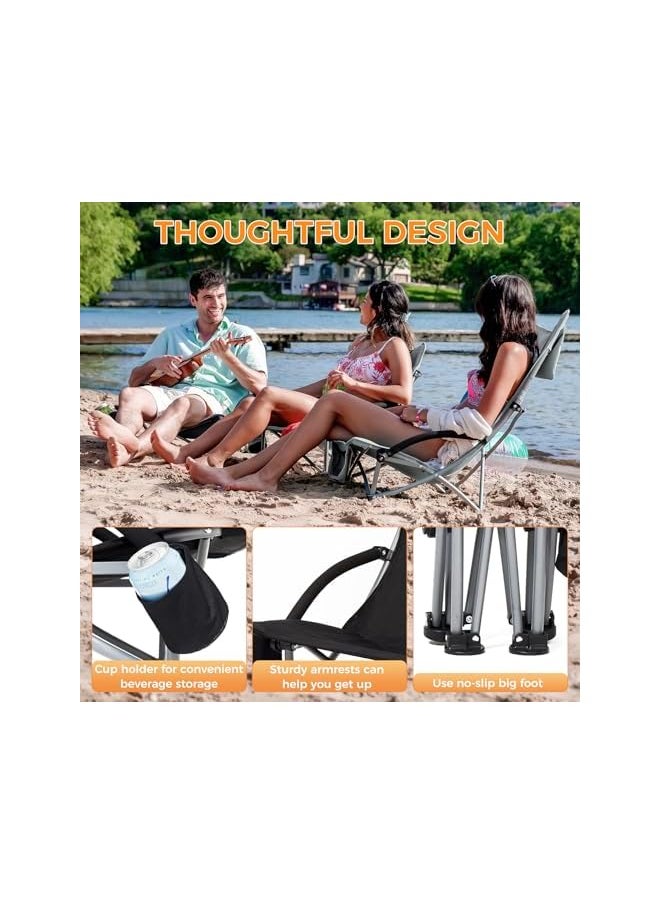 KingCamp Low Beach Chairs for Adults Folding Portable Lightweight Lawn Chair Heavy Duty Oversized Camping Chair with Cup Holder Carry Bag for Outdoor Picnic Pool Concert Travel Black