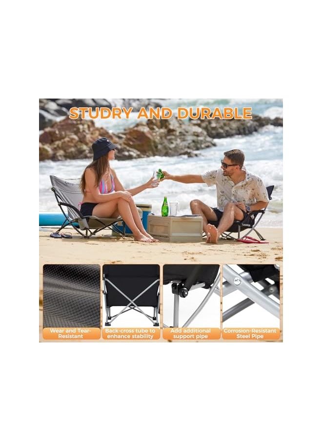 KingCamp Low Beach Chairs for Adults Folding Portable Lightweight Lawn Chair Heavy Duty Oversized Camping Chair with Cup Holder Carry Bag for Outdoor Picnic Pool Concert Travel Black