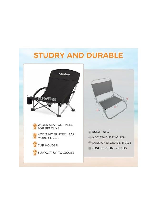 KingCamp Low Beach Chairs for Adults Folding Portable Lightweight Lawn Chair Heavy Duty Oversized Camping Chair with Cup Holder Carry Bag for Outdoor Picnic Pool Concert Travel Black