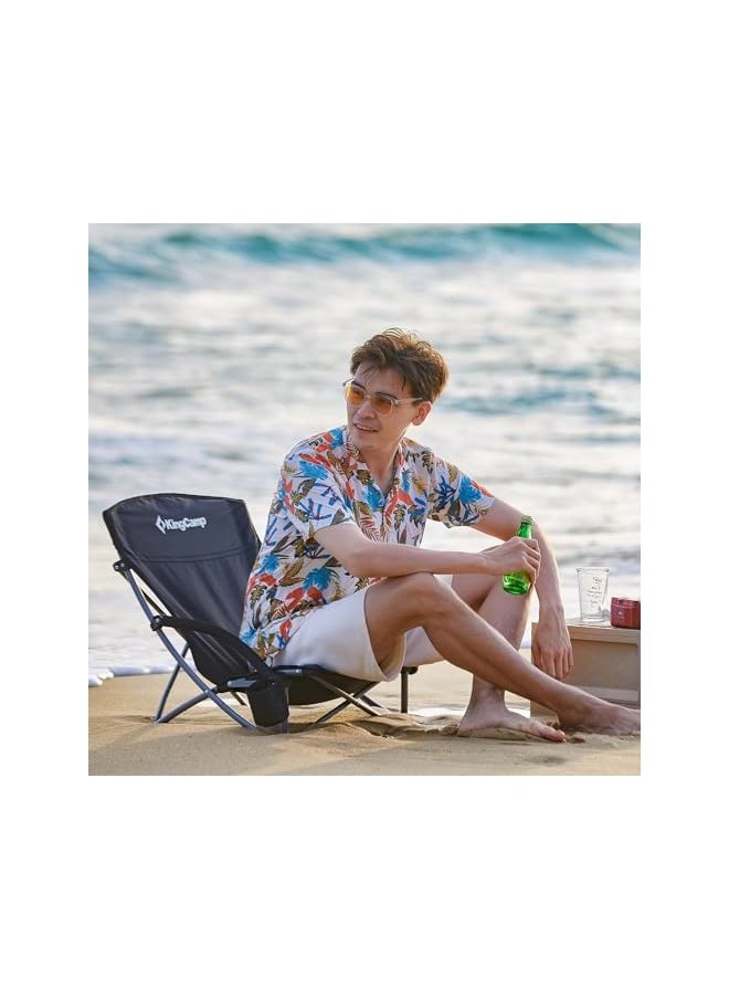 KingCamp Low Beach Chairs for Adults Folding Portable Lightweight Lawn Chair Heavy Duty Oversized Camping Chair with Cup Holder Carry Bag for Outdoor Picnic Pool Concert Travel Black