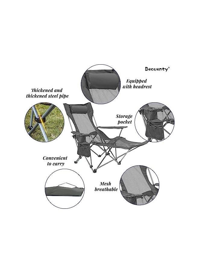 Portable Folding Dual -Purpose Beach Chair, Up To 130Kg, Outdoor Lounge Chairs With Headrest, Detachable Footrest. Armchair For Bbq, Camping, Sketching. (Dark Grey)