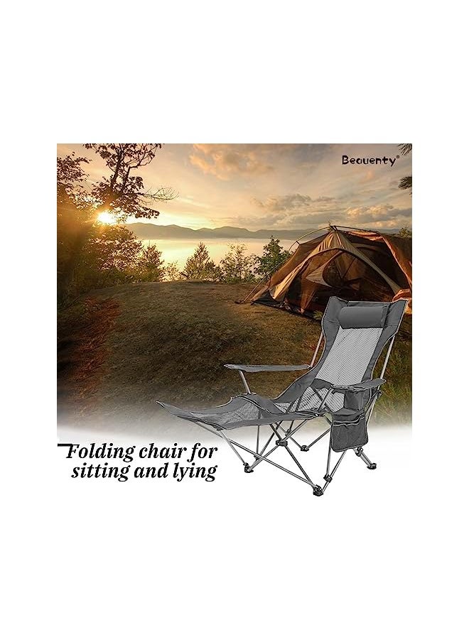 Portable Folding Dual -Purpose Beach Chair, Up To 130Kg, Outdoor Lounge Chairs With Headrest, Detachable Footrest. Armchair For Bbq, Camping, Sketching. (Dark Grey)