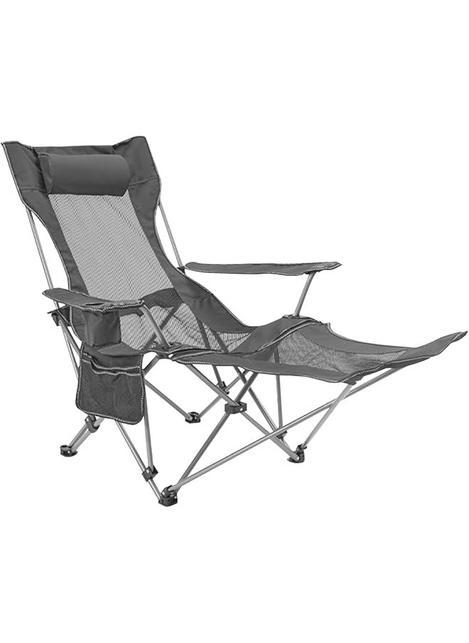 Portable Folding Dual -Purpose Beach Chair, Up To 130Kg, Outdoor Lounge Chairs With Headrest, Detachable Footrest. Armchair For Bbq, Camping, Sketching. (Dark Grey)