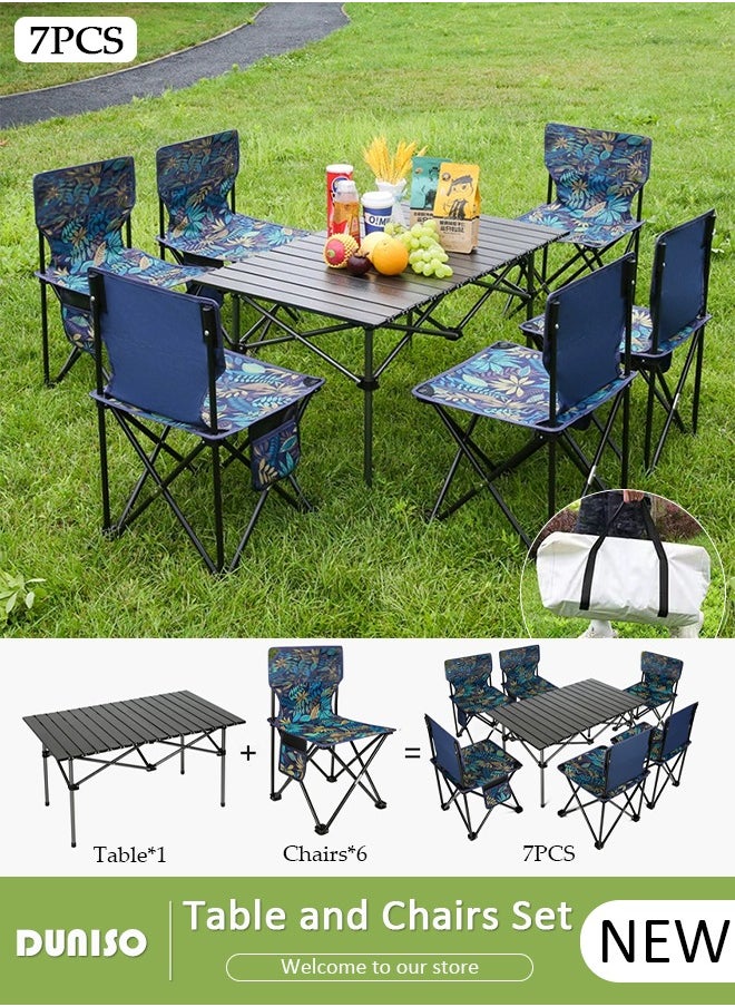 7 Piece Folding Camping Table Chair Set,Aluminum Roll Up Portable Picnic Table Outdoor Lightweight Folding Table with Carry Bag, Portable Folding Travel Table Chair for Outdoor Indoor Picnic Party BBQ Hiking Patio Garden Backyard(1*Table&6*Chairs)