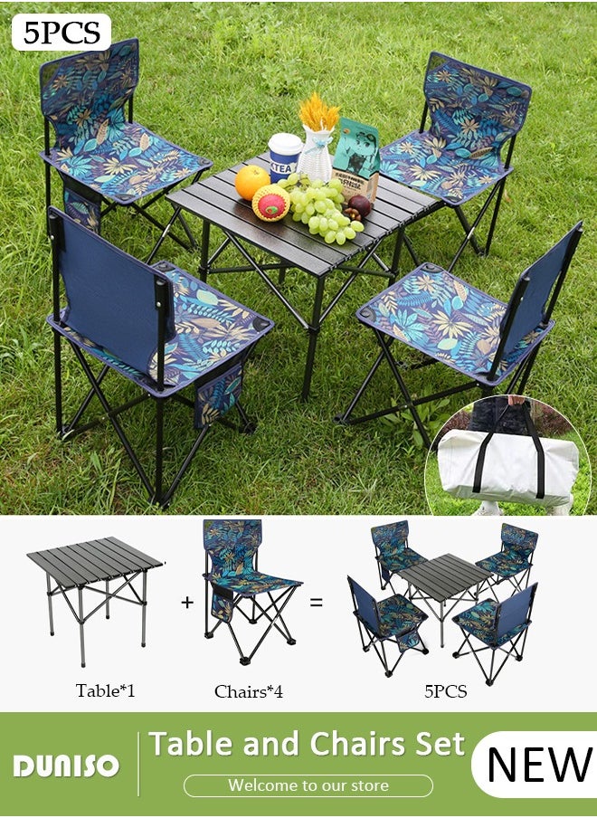 Folding Outdoor Camping Table and Chair Set,5 Pieces, Lightweight, Aluminum Folding Table Roll-up Table with Convenient Carrying Bag, Suitable for Indoor, Outdoor, Camping, Party, Picnic (1*Table&4*Chairs)