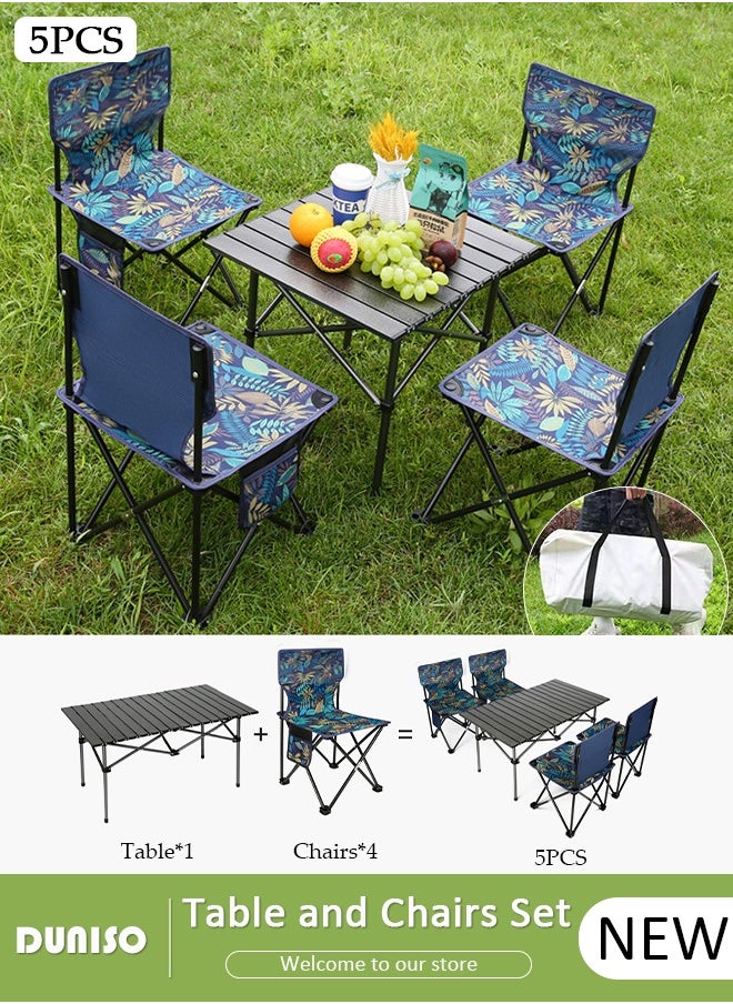 Folding Camping Table and 4 Chair Set, Aluminum Roll Up Portable Picnic Table Outdoor Lightweight Folding Table with Carry Bag Picnic Folding Tables for Camp,picnic, Beach, Fishing, Bbq(1*Table&4*Chairs)