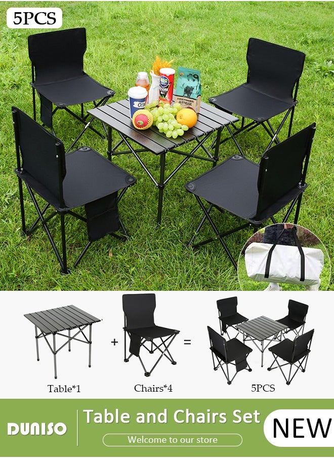 5 Piece Folding Camping Table Chair Set,Aluminum Roll Up Portable Picnic Table Outdoor Lightweight Folding Table with Carry Bag, Portable Folding Travel Table Chair for Outdoor Indoor Picnic Party BBQ Hiking Patio Garden Backyard(1*Table&4*Chairs)