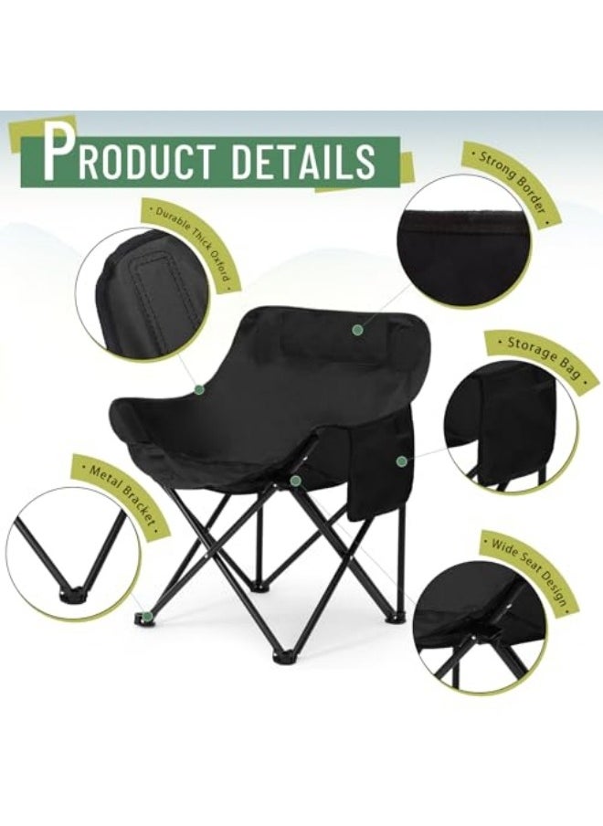 Folding Chairs Heavy Duty Support 330 lbs Moon Chair with Carry Bag, Outdoor Quad Lumbar Back Padded with Side Pockets Black