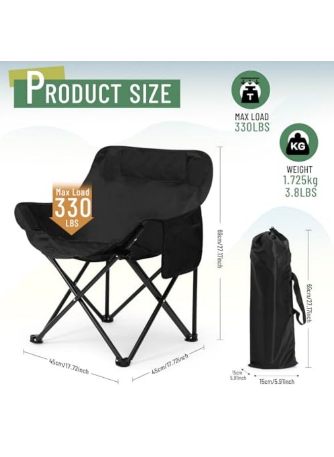 Folding Chairs Heavy Duty Support 330 lbs Moon Chair with Carry Bag, Outdoor Quad Lumbar Back Padded with Side Pockets Black