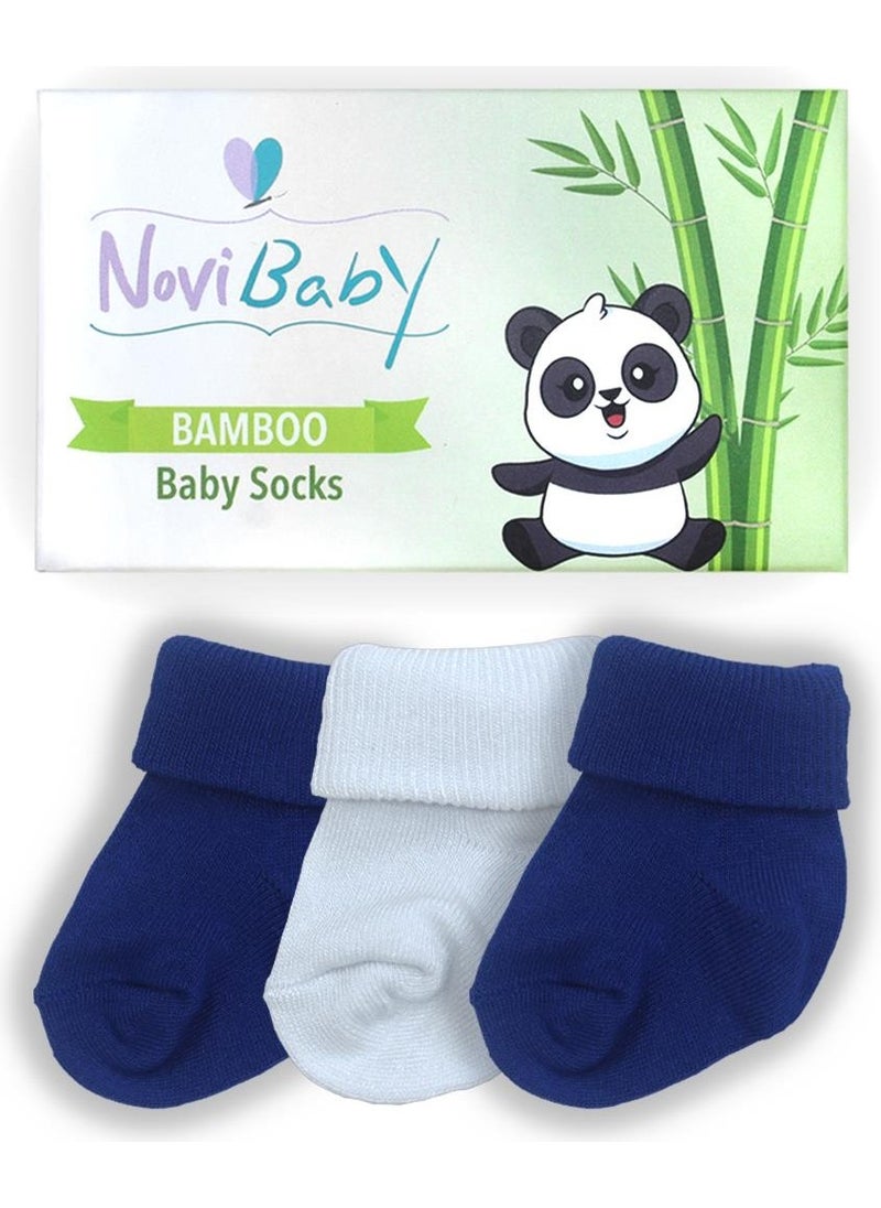 3-Piece Bamboo Newborn Baby Socks I White Blue I 0-6 Months