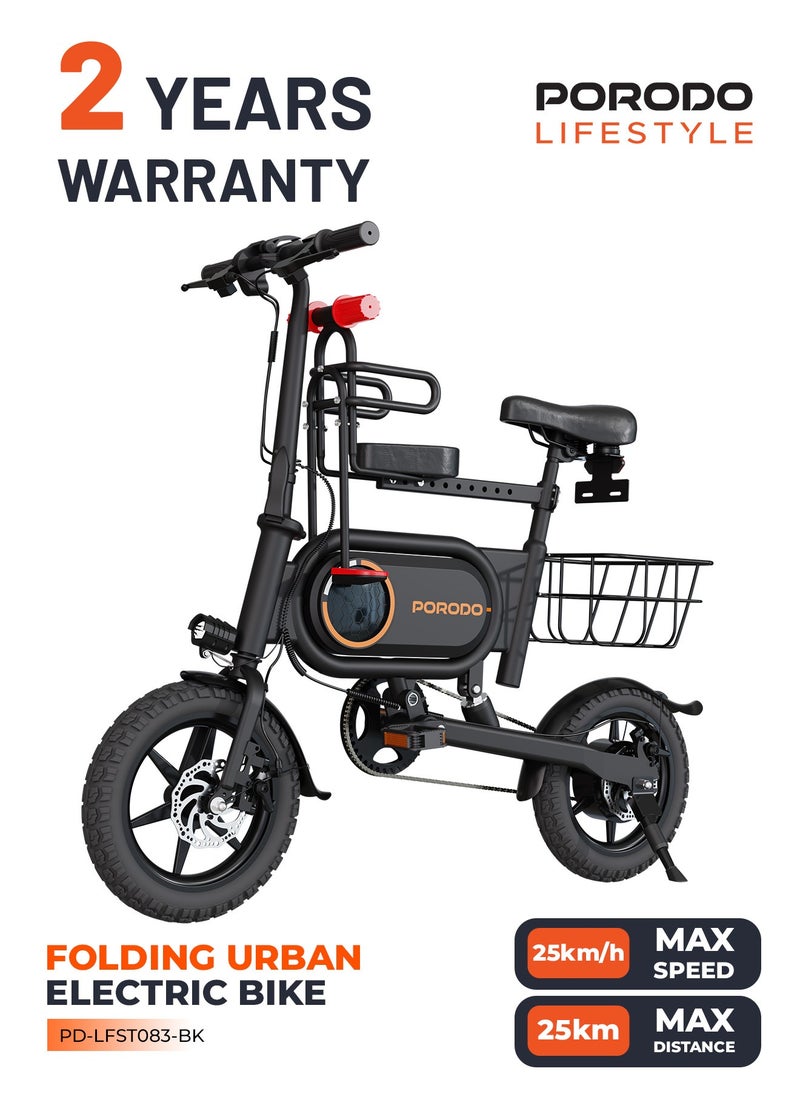 Urban Electric Bike with Pedal Assist System and Safety Helmet / Foldable Design / Child Seat / Rear Basket / 120kg Loading / 25km Distance / 25km/h Speed / 350W Motor / 14 inch Tiers - Black