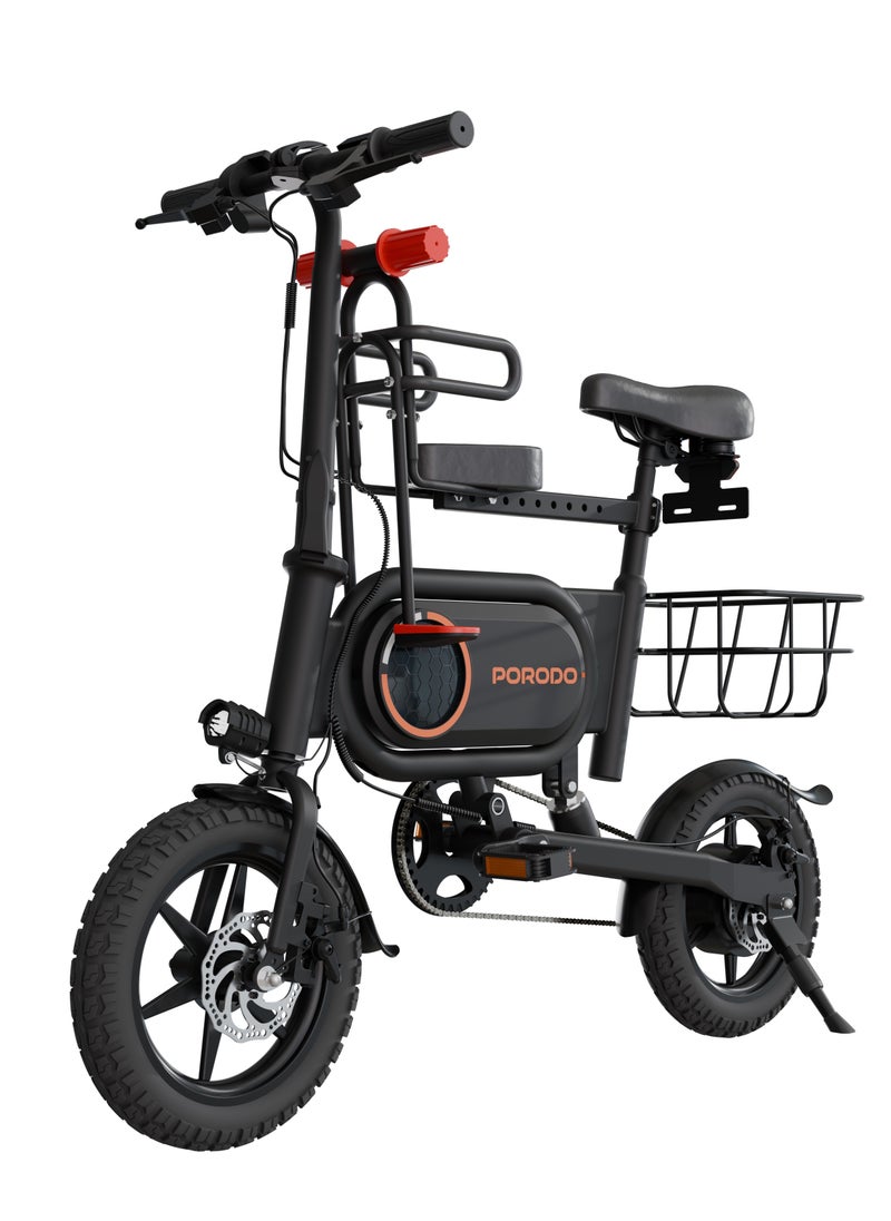 Urban Electric Bike with Pedal Assist System and Safety Helmet / Foldable Design / Child Seat / Rear Basket / 120kg Loading / 25km Distance / 25km/h Speed / 350W Motor / 14 inch Tiers - Black