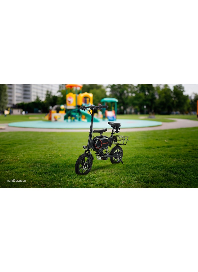 Urban Electric Bike with Pedal Assist System and Safety Helmet / Foldable Design / Child Seat / Rear Basket / 120kg Loading / 25km Distance / 25km/h Speed / 350W Motor / 14 inch Tiers - Black