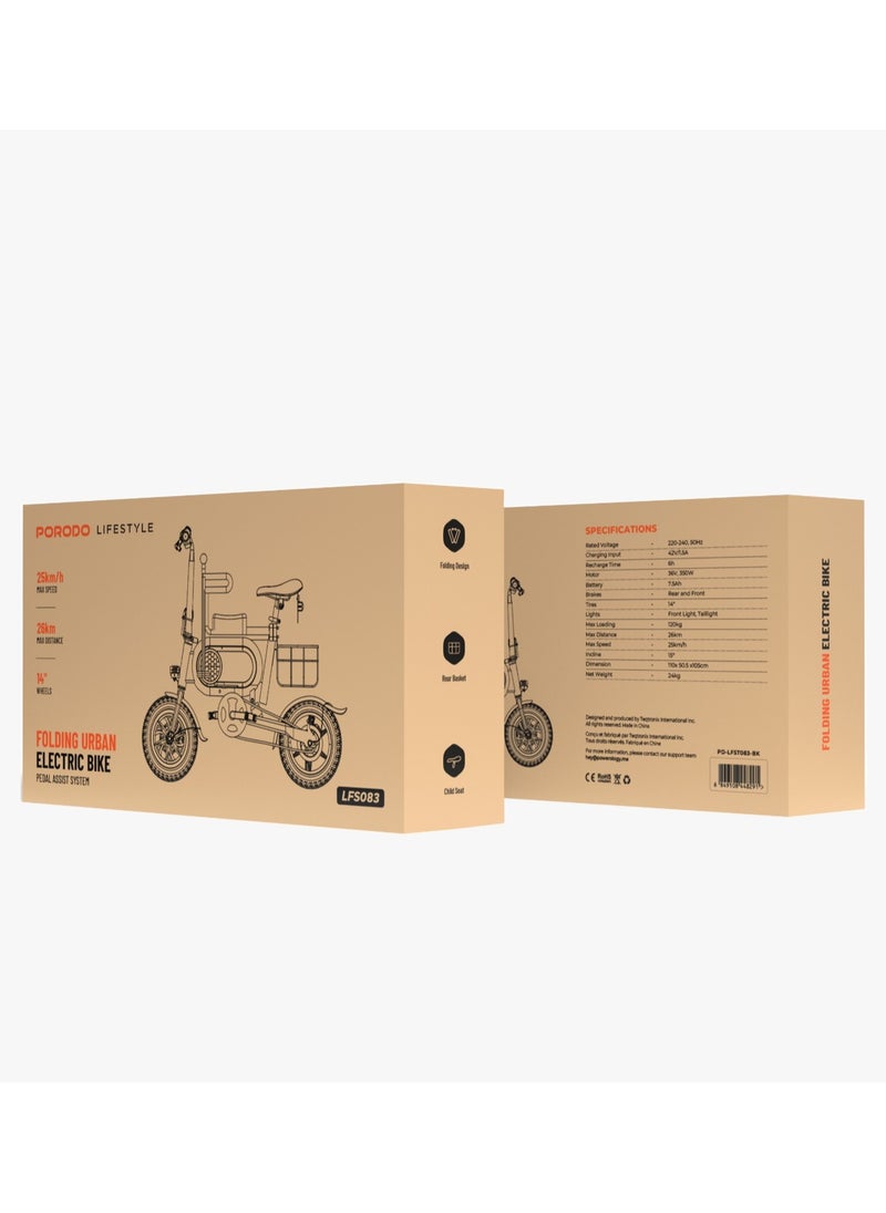 Urban Electric Bike with Pedal Assist System and Safety Helmet / Foldable Design / Child Seat / Rear Basket / 120kg Loading / 25km Distance / 25km/h Speed / 350W Motor / 14 inch Tiers - Black