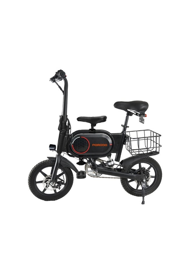 Urban Electric Bike with Pedal Assist System and Safety Helmet / Foldable Design / Child Seat / Rear Basket / 120kg Loading / 25km Distance / 25km/h Speed / 350W Motor / 14 inch Tiers - Black