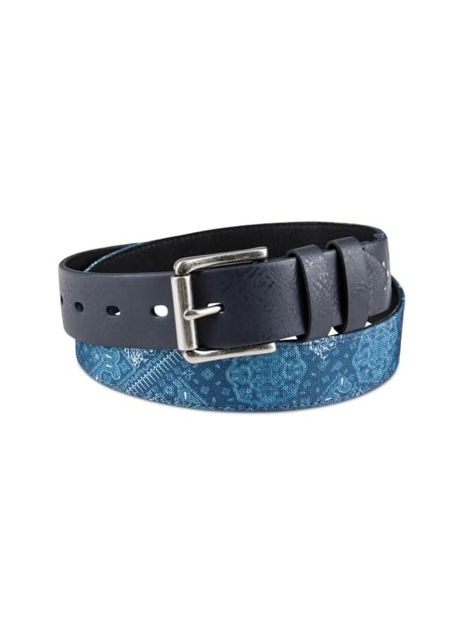 Mens Leather Paisley Casual Belt Navy L/XL