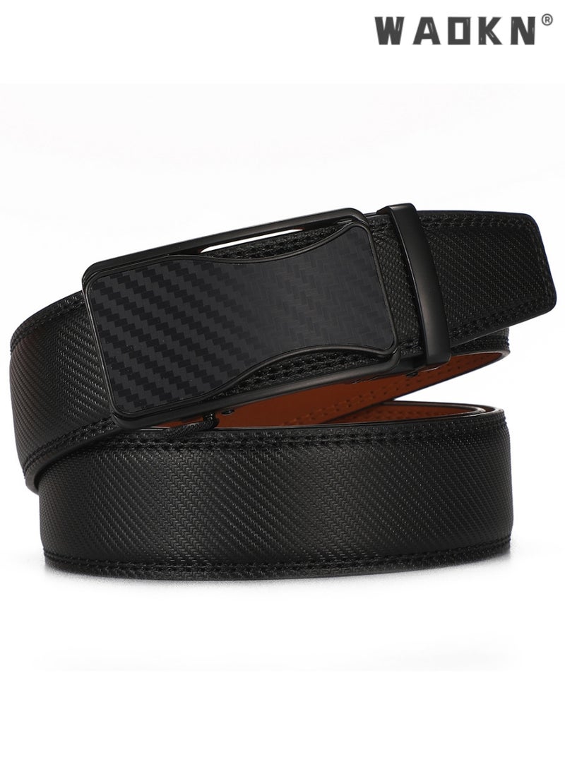 Men's Leather Ratchet Dress Belts with Automatic Buckle Belt Fashion Soft Comfortable and Durable Quality Adjustable Trim to Fit , Fashion Slide Ratchet Click Casual Mens Belt for Jeans Black