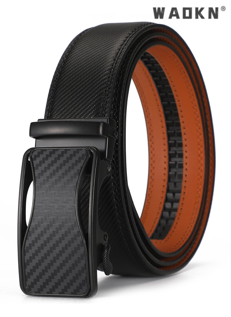 Men's Leather Ratchet Dress Belts with Automatic Buckle Belt Fashion Soft Comfortable and Durable Quality Adjustable Trim to Fit , Fashion Slide Ratchet Click Casual Mens Belt for Jeans Black