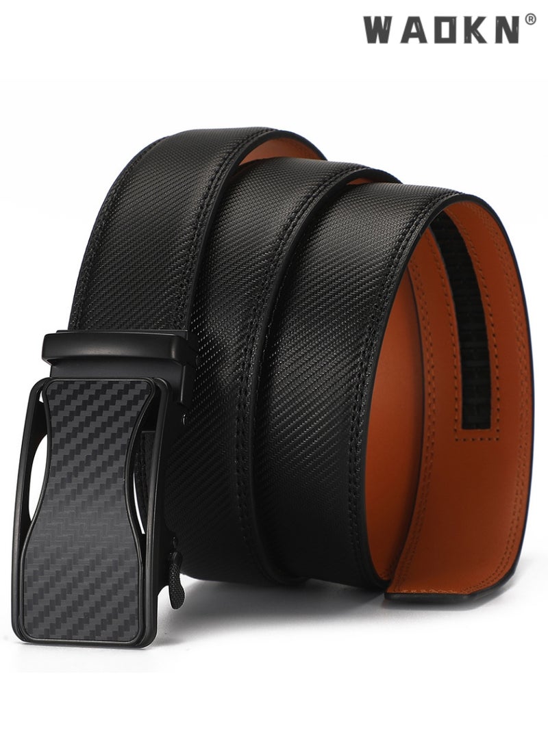 Men's Leather Ratchet Dress Belts with Automatic Buckle Belt Fashion Soft Comfortable and Durable Quality Adjustable Trim to Fit , Fashion Slide Ratchet Click Casual Mens Belt for Jeans Black