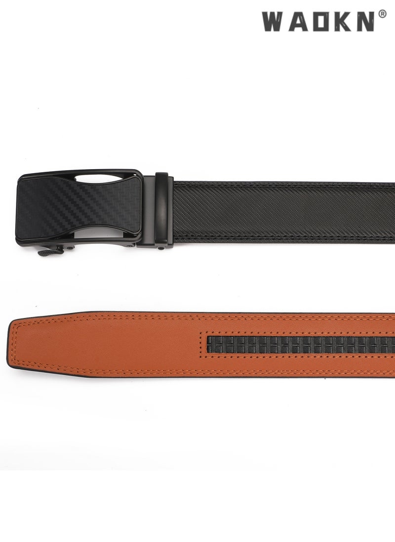 Men's Leather Ratchet Dress Belts with Automatic Buckle Belt Fashion Soft Comfortable and Durable Quality Adjustable Trim to Fit , Fashion Slide Ratchet Click Casual Mens Belt for Jeans Black