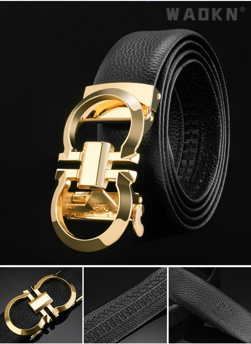 Mens Belts, Leather Ratchet Dress Belt with Automatic Sliding Buckle, Designer Works Belts for Jeans Pants, Fashion Mens, Black Adjustable Length, Gift for Men, Mens Belt Leather, Casual & Work