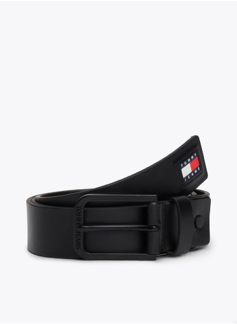 Men's Rubberised Badge Leather Belt - Leather, Black