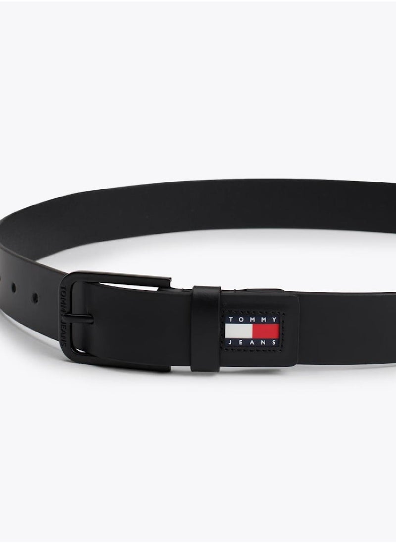 Men's Rubberised Badge Leather Belt - Leather, Black