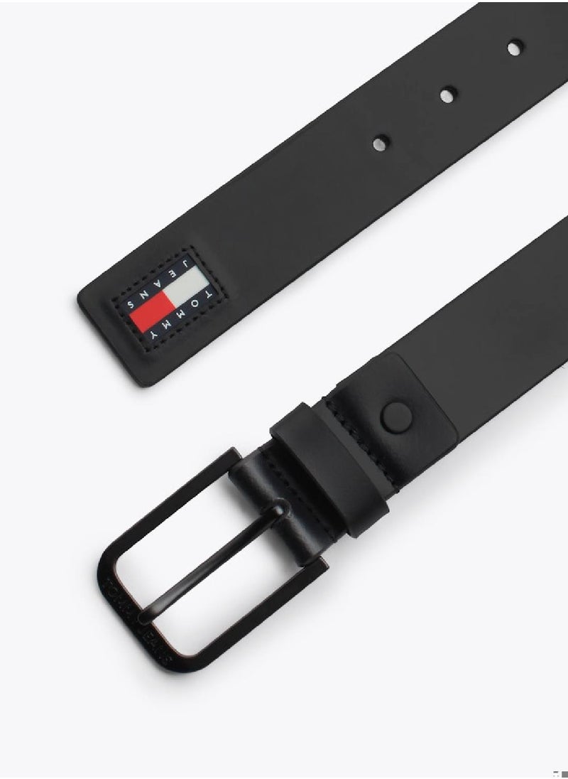 Men's Rubberised Badge Leather Belt - Leather, Black