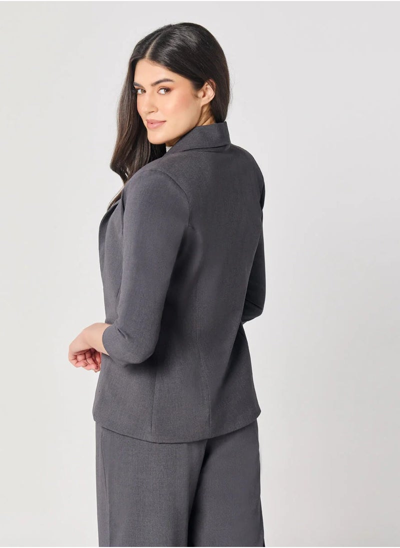 Curved Label Collared Classic Jacket- Grey