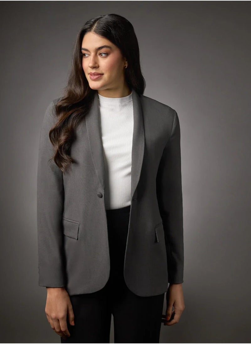Long Sleeve Formal Blazer With Pockets- Dark Grey