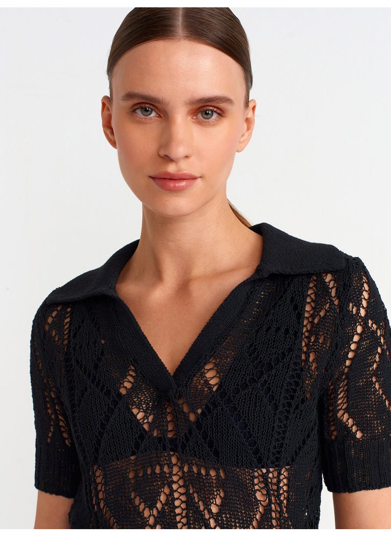 10565 Polo Neck Openwork Knitwear Sweater-Black