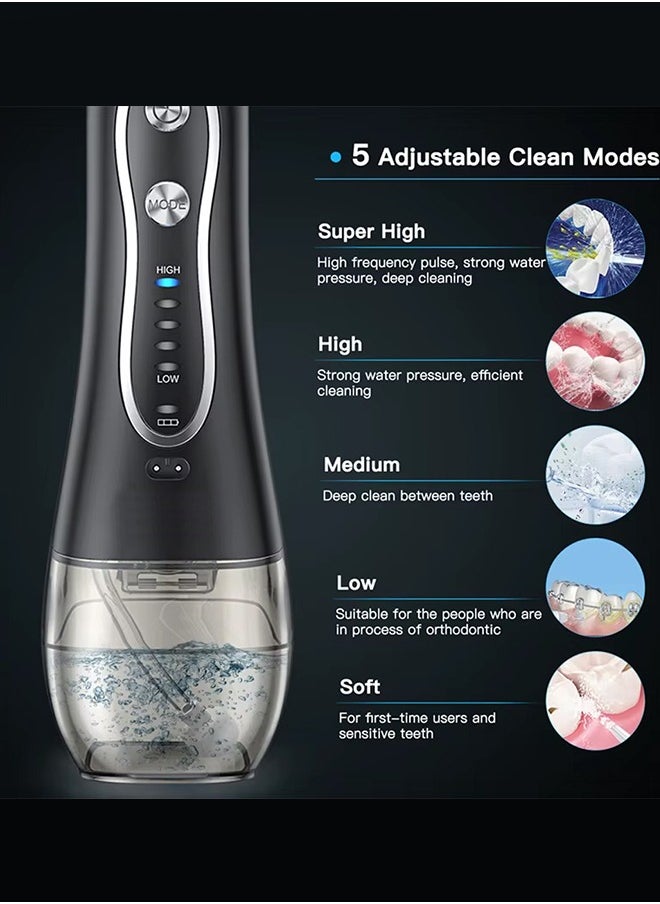 Rechargeable Dental Flosser Oral Irrigator IPX7 Waterproof, 300ml Water Tank with Travel Case, 5 Modes 5 Replaceable Jet Tips  - Black