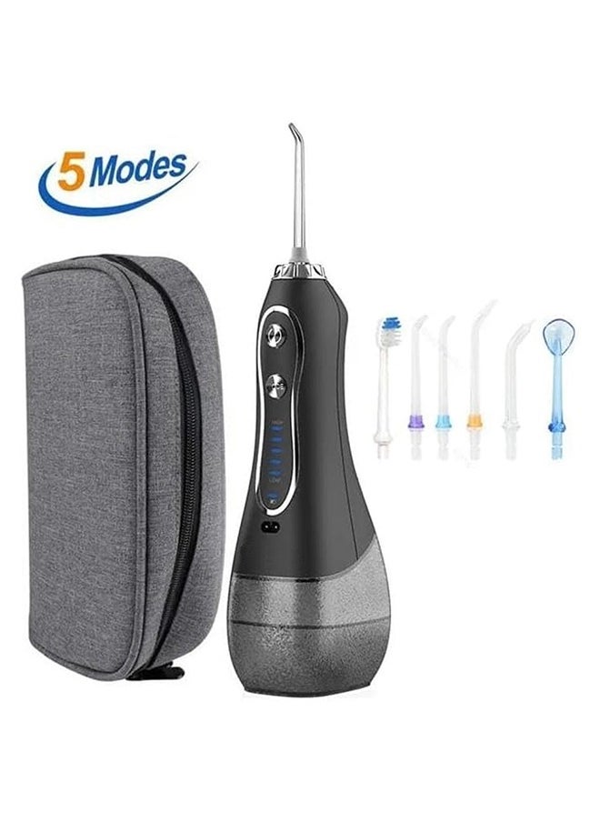 Rechargeable Dental Flosser Oral Irrigator IPX7 Waterproof, 300ml Water Tank with Travel Case, 5 Modes 5 Replaceable Jet Tips  - Black