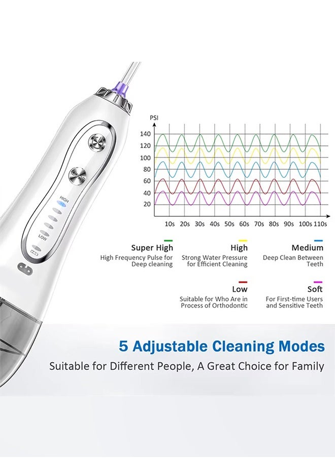 Rechargeable Dental Flosser Oral Irrigator IPX7 Waterproof, 300ml Water Tank with Travel Case, 5 Modes 5 Replaceable Jet Tips  - White