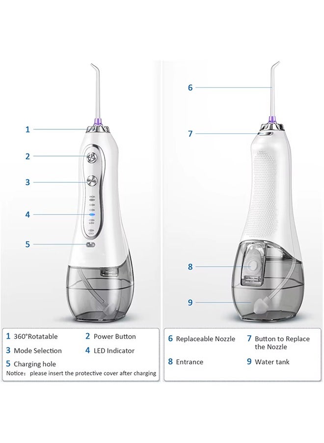 Rechargeable Dental Flosser Oral Irrigator IPX7 Waterproof, 300ml Water Tank with Travel Case, 5 Modes 5 Replaceable Jet Tips  - White