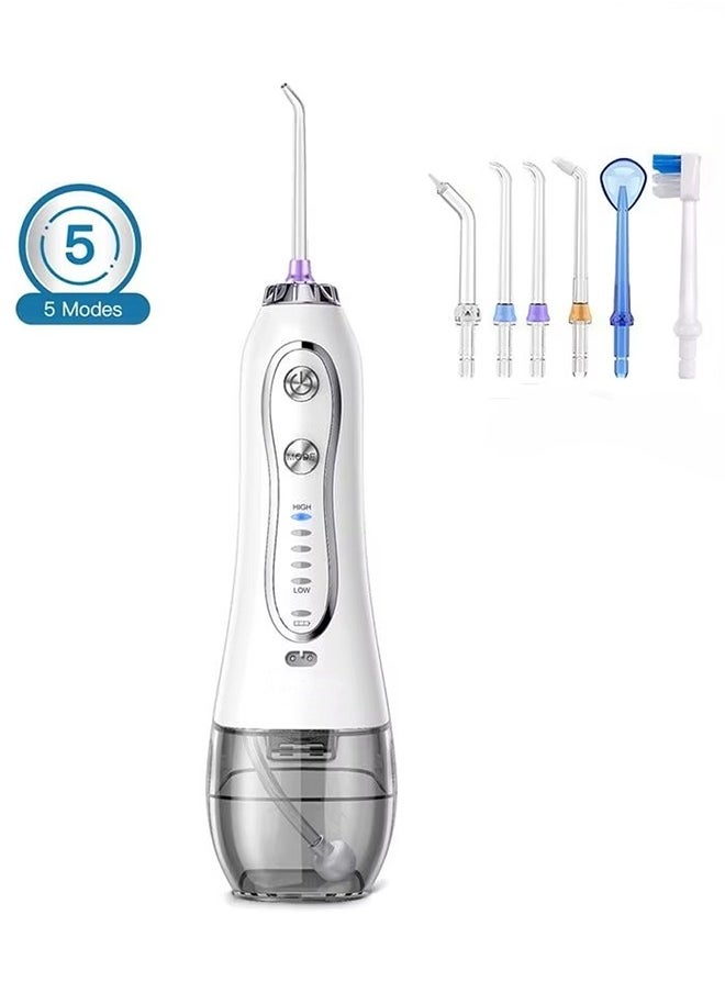 Rechargeable Dental Flosser Oral Irrigator IPX7 Waterproof, 300ml Water Tank with Travel Case, 5 Modes 5 Replaceable Jet Tips  - White