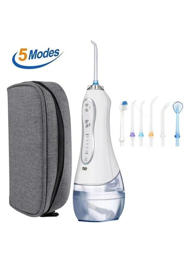 Rechargeable Dental Flosser Oral Irrigator IPX7 Waterproof, 300ml Water Tank with Travel Case, 5 Modes 5 Replaceable Jet Tips  - White