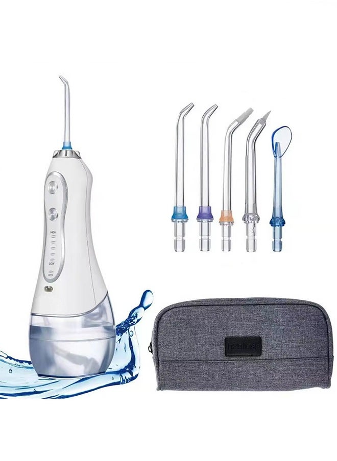 Rechargeable Dental Flosser Oral Irrigator IPX7 Waterproof, 300ml Water Tank with Travel Case, 5 Modes 5 Replaceable Jet Tips  - White