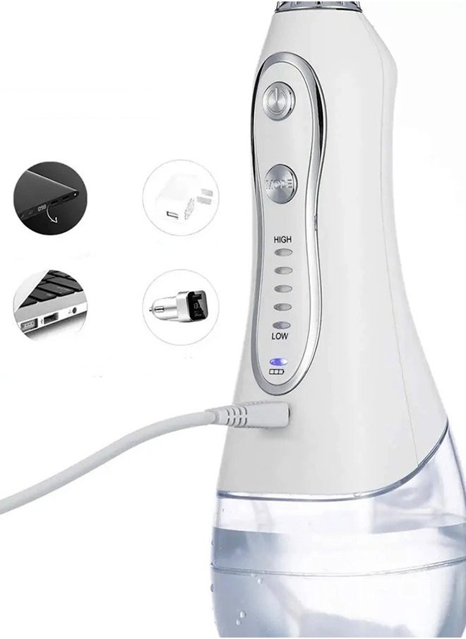 Rechargeable Dental Flosser Oral Irrigator IPX7 Waterproof, 300ml Water Tank with Travel Case, 5 Modes 5 Replaceable Jet Tips  - White