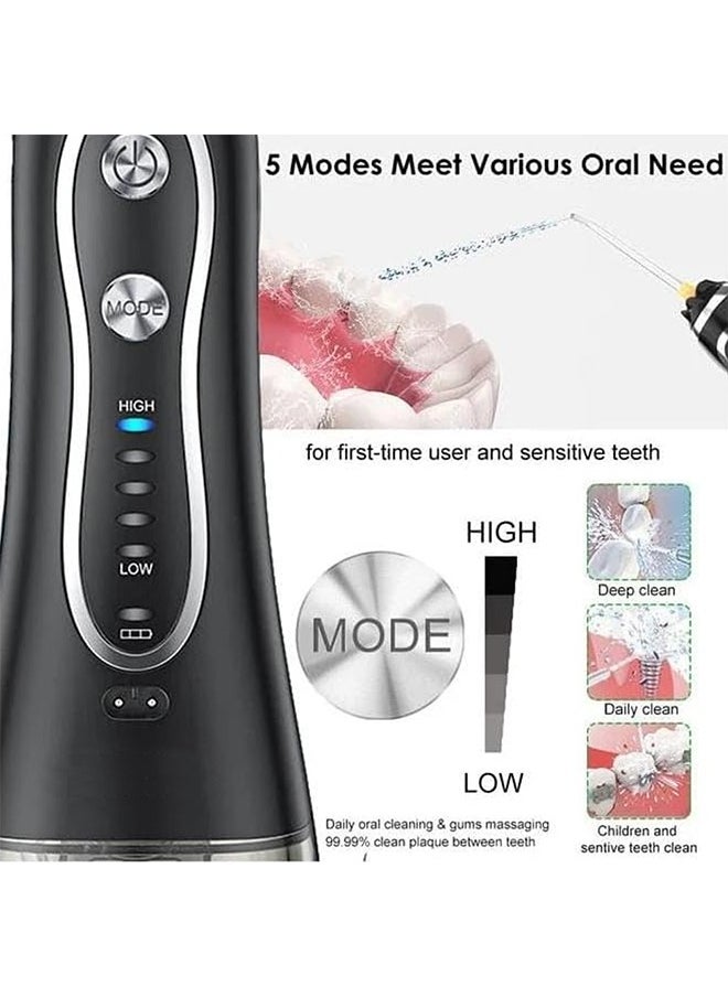 Rechargeable Dental Flosser Oral Irrigator IPX7 Waterproof, 300ml Water Tank with Travel Case, 5 Modes 5 Replaceable Jet Tips  - Black