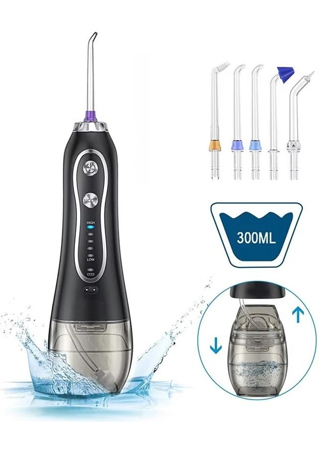 Rechargeable Dental Flosser Oral Irrigator IPX7 Waterproof, 300ml Water Tank with Travel Case, 5 Modes 5 Replaceable Jet Tips  - Black