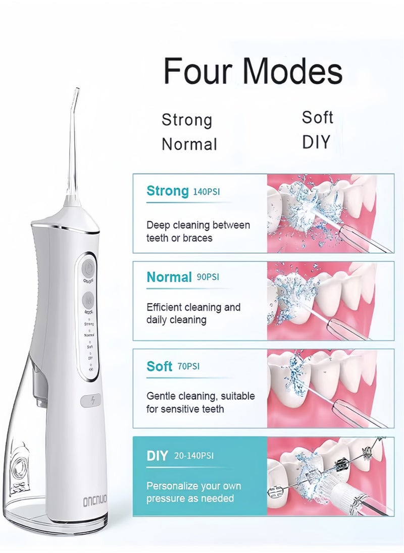 Portable Water Dental Flosser With 2 Tooth Whitening Strips For Teeth Cleaning Dental Oral Irrigator With 4 Modes Scalable 4 Jet Nozzles IPX7 Water Resistance 300ML